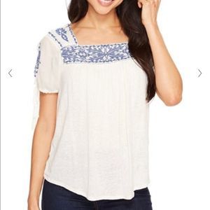 Lucky Brand Womens White Blue Embroidered Square-Neck Boho Peasant Top XL